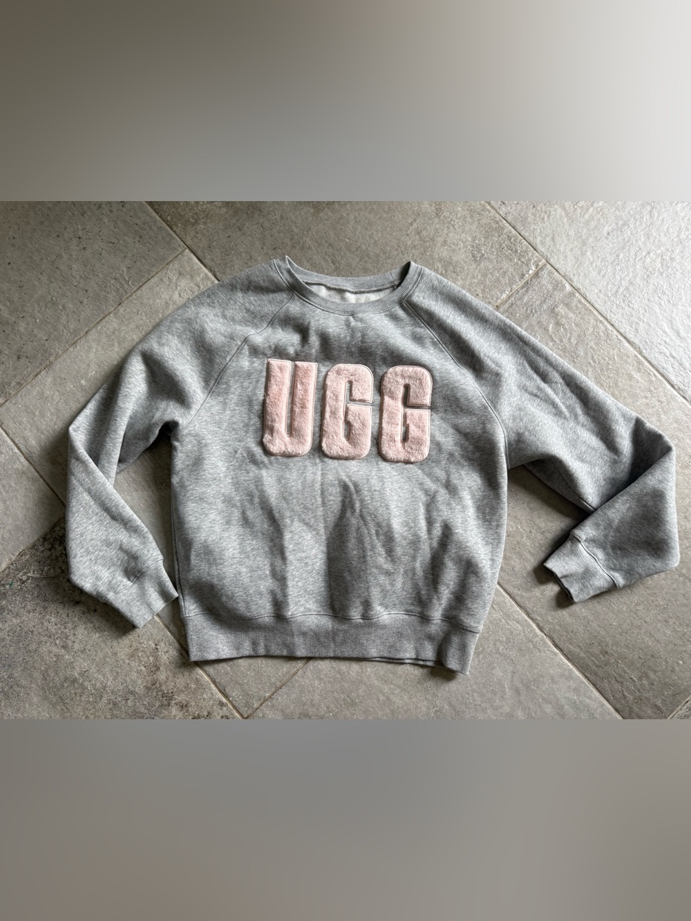 UGG Women's Gray Crewneck Sweatshirt with Pink Plush Logo
